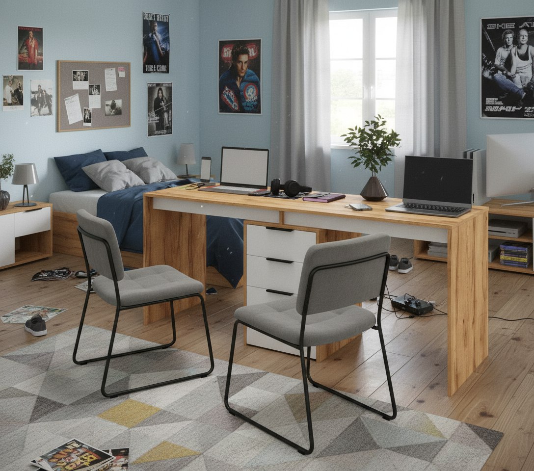 Стол для 2 детей Тандем 1800 мм (корпус дуб золотистый + фасады белые) 