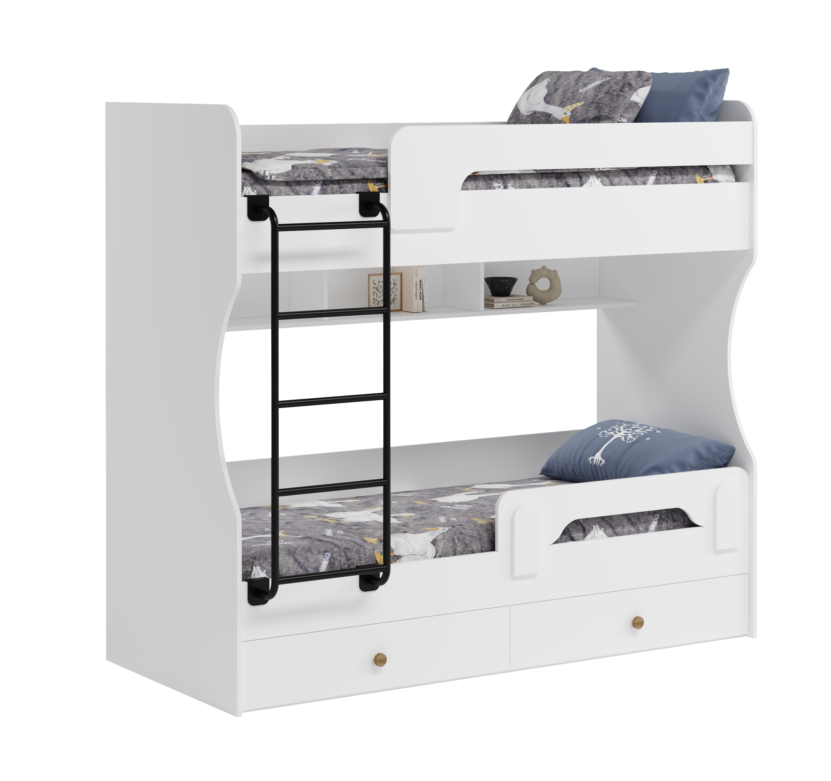Кровать 2-х ярусная Омега с бортиком (цвет белый + лестница черная). Со съемным нижним бортиком