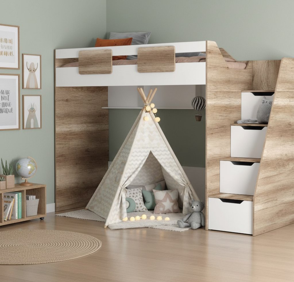 Кровать-чердак 200х90 коллекции Лайт Лофт (дуб каньон + белый)