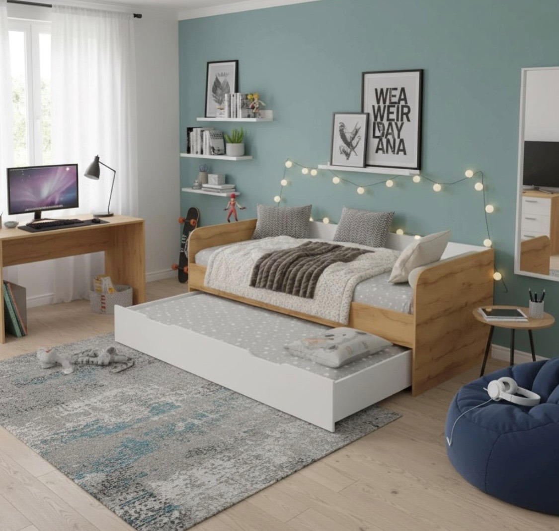 Кровать 2-х ярусная Дабл 190х90 +180х80 (дуб золотистый + белый) 