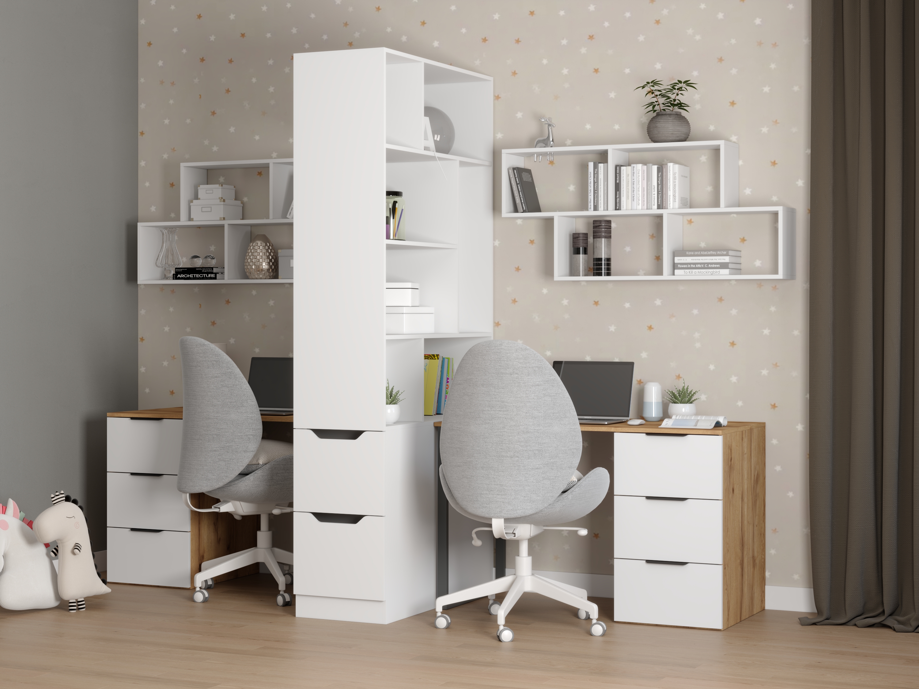 Комплект для 2 школьников Брайт Золотистый: полки 2 шт. + стеллаж-перегородка + столы 2 шт.