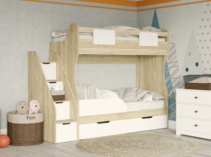Кровать 2-х ярусная Дуэт (корпус дуб сонома + фасады белые) с бортиком