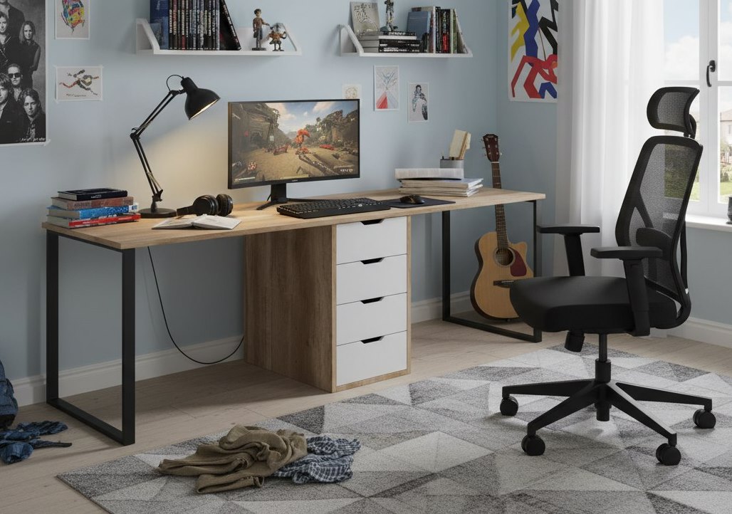 Стол Дуэт 2000 мм (дуб каньон + опоры черные). Столешница 22 мм