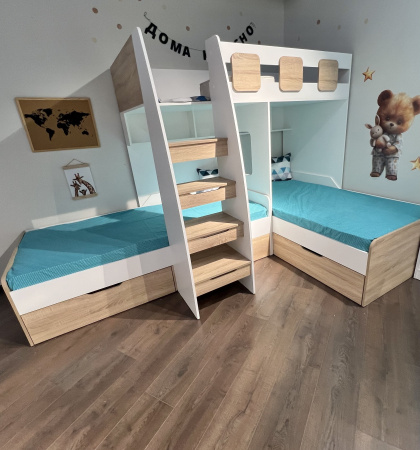 Кровать 3-х ярусная Династия (белый+дуб каньон)