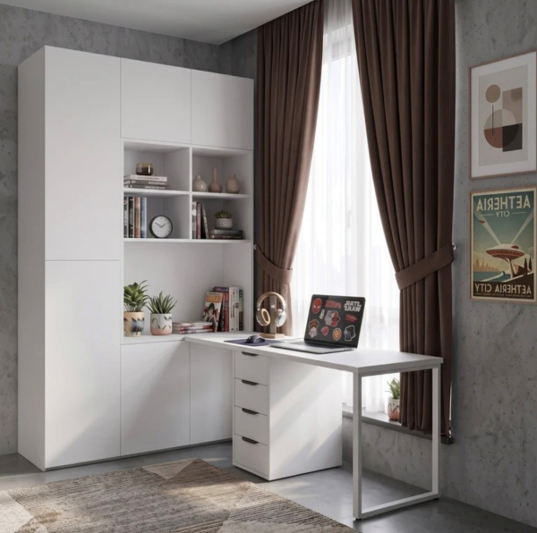 Домашний Кабинет коллекции Брайт (цвет белый + опора стола белая)
