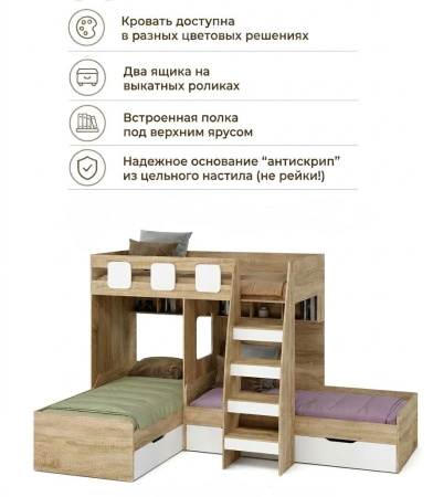 Кровать 3-х ярусная Династия (корпус шалфей + фасады белые)