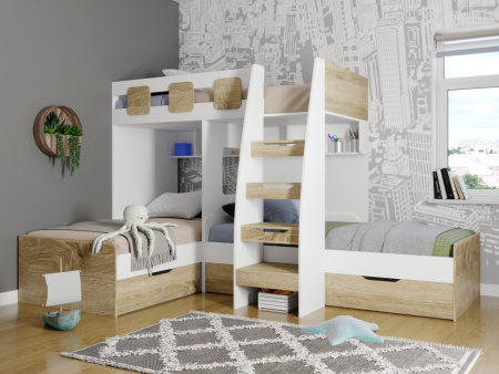 Кровать 3-х ярусная Династия (цвет белый) 190х90 Универсальная