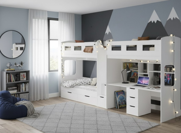 Кровать 3-х ярусная Квартет + стол для 2 детей (цвет белый)