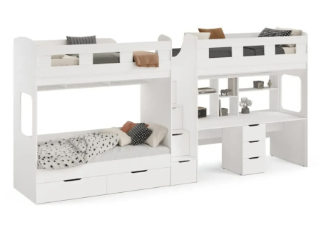 Кровать 3-х ярусная Квартет + стол для 2 детей (цвет белый)