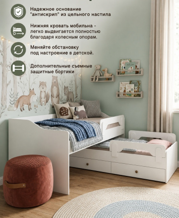 Выдвижная 2-х ярусная кровать 200х90 Портал (цвет белый) от Династия Kids