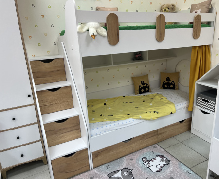 Кровать двухъярусная 180х80 Фортуна (корпус белый+фасады дуб золотистый)  от Династия Kids