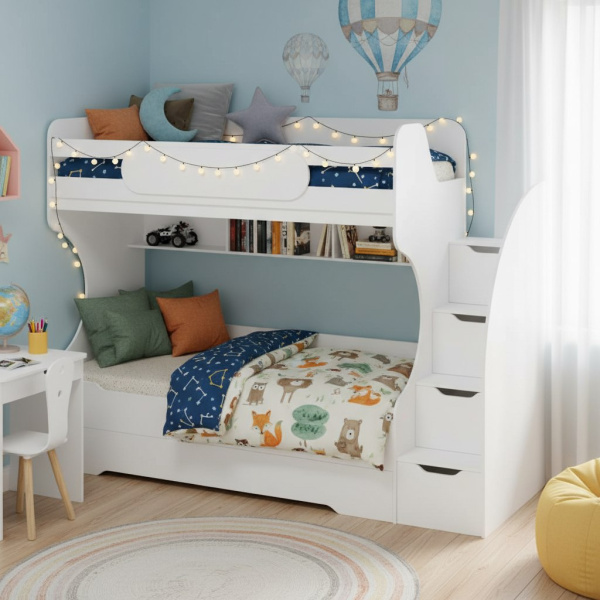 Двухъярусная кровать БИГ 90х200 с доп. спальным местом (цвет белый) 