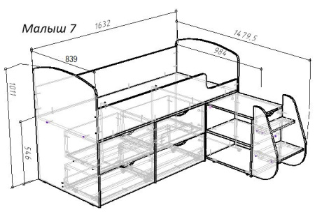 Кровать-чердак Малыш 7 (цвет белый) 160х80 с 4 ящиками от Династия Kids
