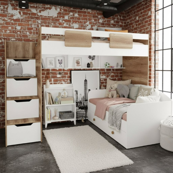 Комплект мебели: кровать-чердак Лайт Лофт + кровать Умка + стеллаж  от Династия Kids