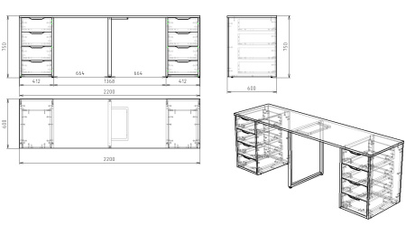 Стол Дуэт 2200 мм (две тумбы) дуб каньон+белый. Опора черная. Столешница 22 мм от Династия Kids