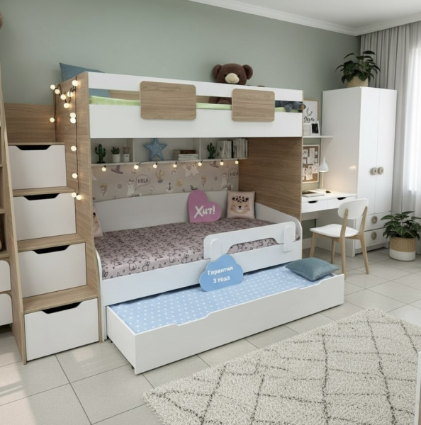 Кровать-чердак Мозаика + кровать Двушка (цвет белый) 190х90  от Династия Kids