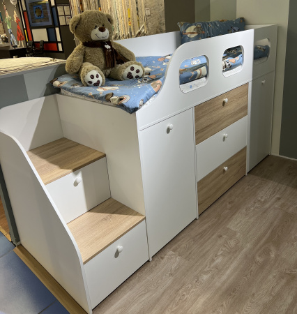 Кровать-чердак Хэппи 180х80 (дуб сонома+белый) от Династия Kids