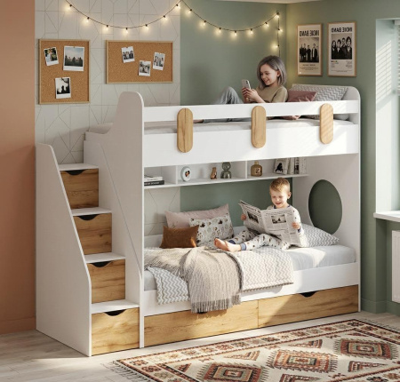 Кровать двухъярусная Фортуна 200х90 (дуб сонома+белый)  от Династия Kids