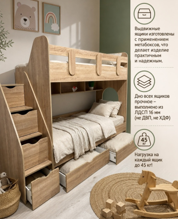 Кровать 2-х ярусная Фортуна 180х80 (дуб золотистый + белый) от Династия Kids