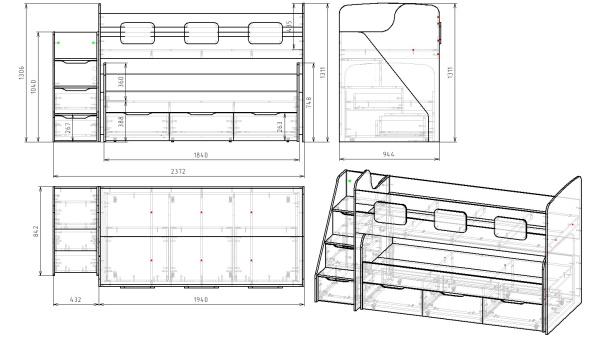 Кровать 2-х ярусная Городок 190х90 + 180х80  (дуб золотистый + белый) от Династия Kids