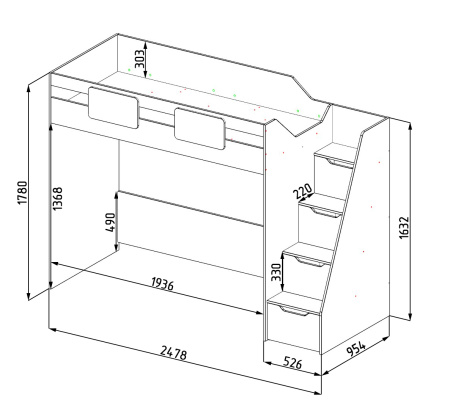 Комплект мебели: кровать-чердак Мозаика + Стеллаж универсальный  от Династия Kids