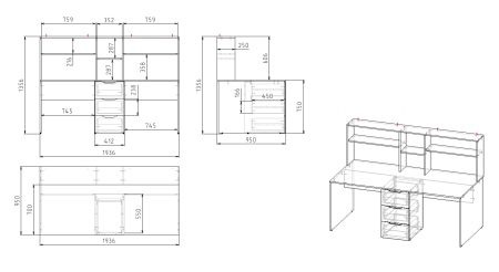 Кровать 3-х ярусная Квартет + стол для 2 детей (цвет белый)