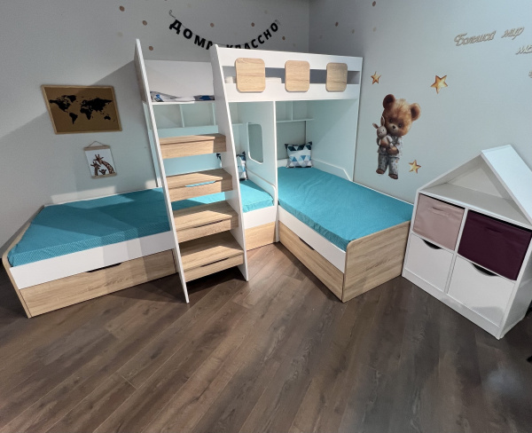 Трехъярусная кровать Династия 190х90 (дуб сонома+белый) 