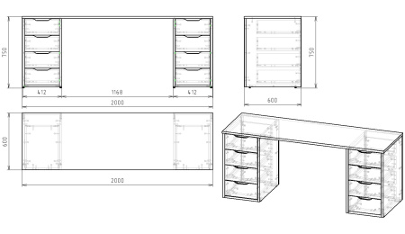 Стол Дуэт 2000 мм (две тумбы) дуб каньон + белый. Столешница 22 мм от Династия Kids