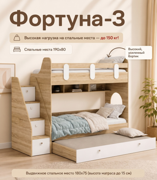 Кровать 190х80 Фортуна-3 с доп.спальным местом (гаскон пайн + белый)